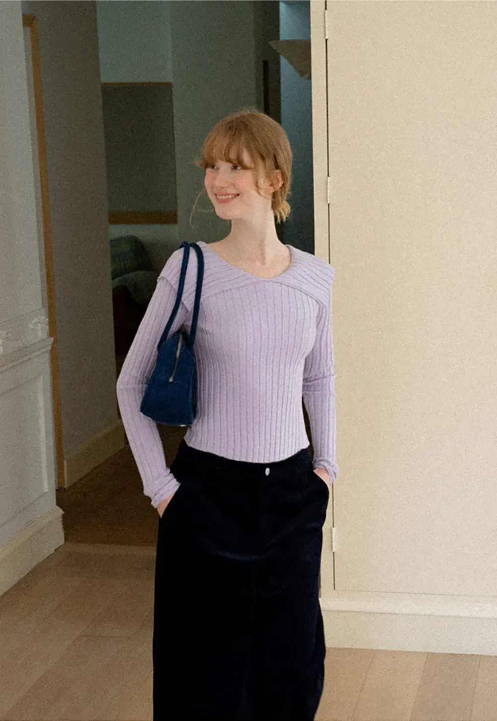 Asymmetrical Collar Ribbed Knit Sweater
