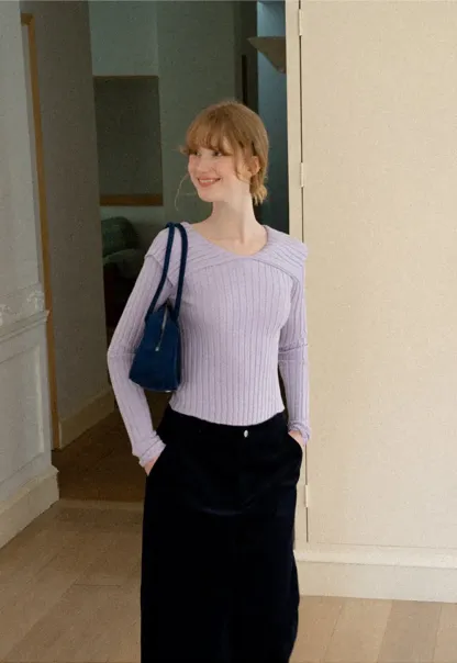 Asymmetrical Collar Ribbed Knit Sweater