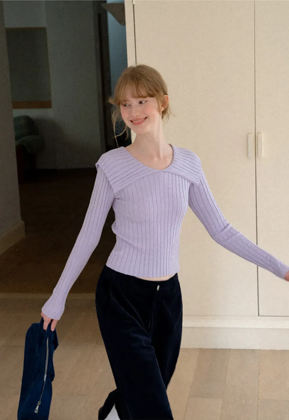 Asymmetrical Collar Ribbed Knit Sweater