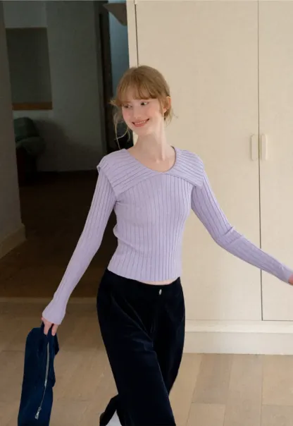 Asymmetrical Collar Ribbed Knit Sweater