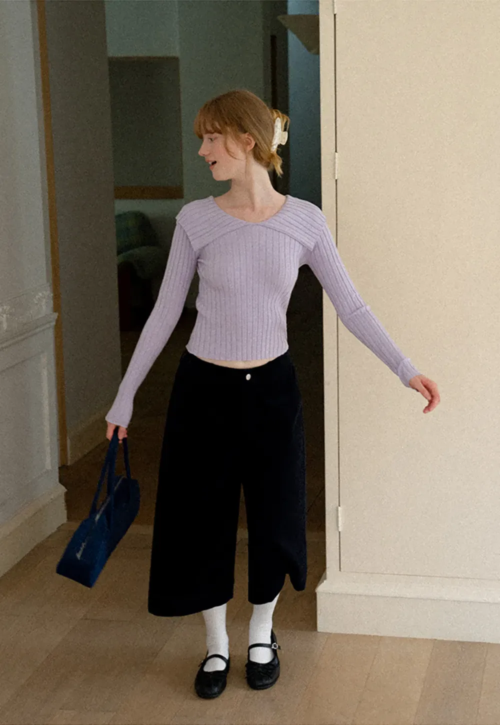 Asymmetrical Collar Ribbed Knit Sweater