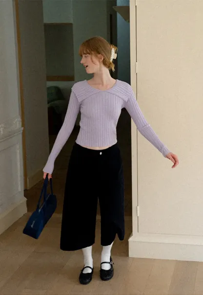 Asymmetrical Collar Ribbed Knit Sweater