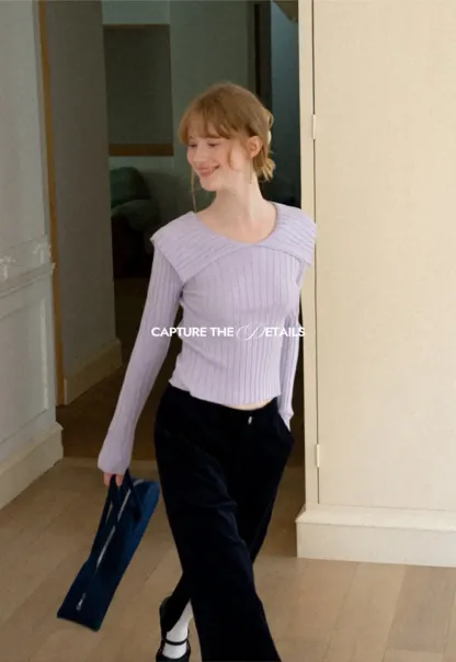 Asymmetrical Collar Ribbed Knit Sweater