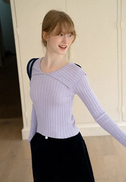 Asymmetrical Collar Ribbed Knit Sweater