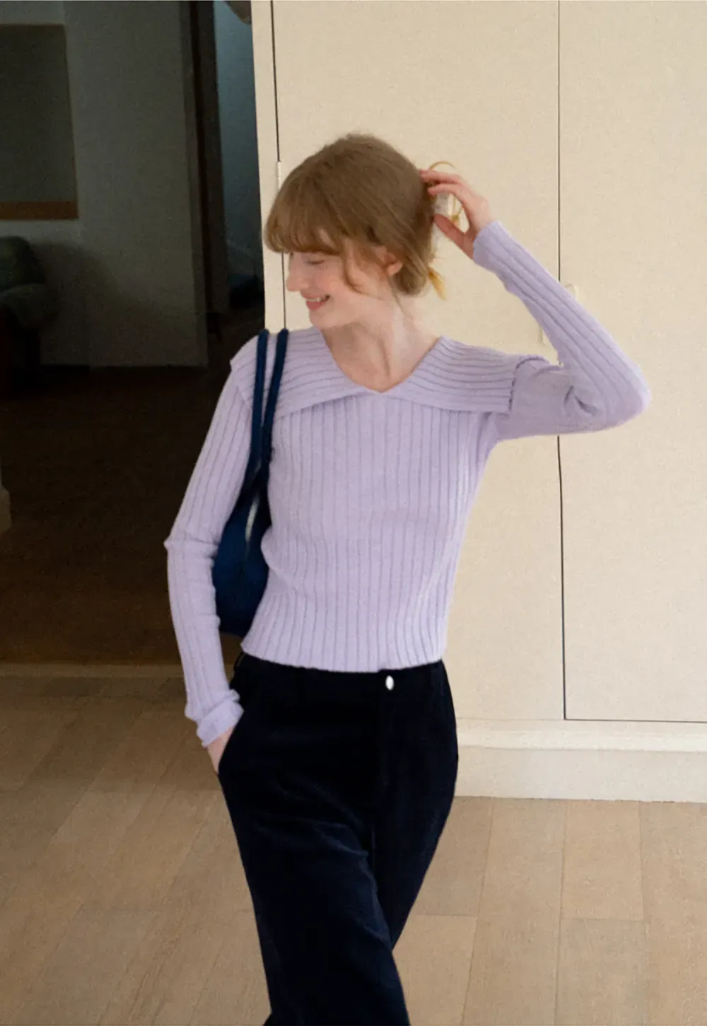 Asymmetrical Collar Ribbed Knit Sweater