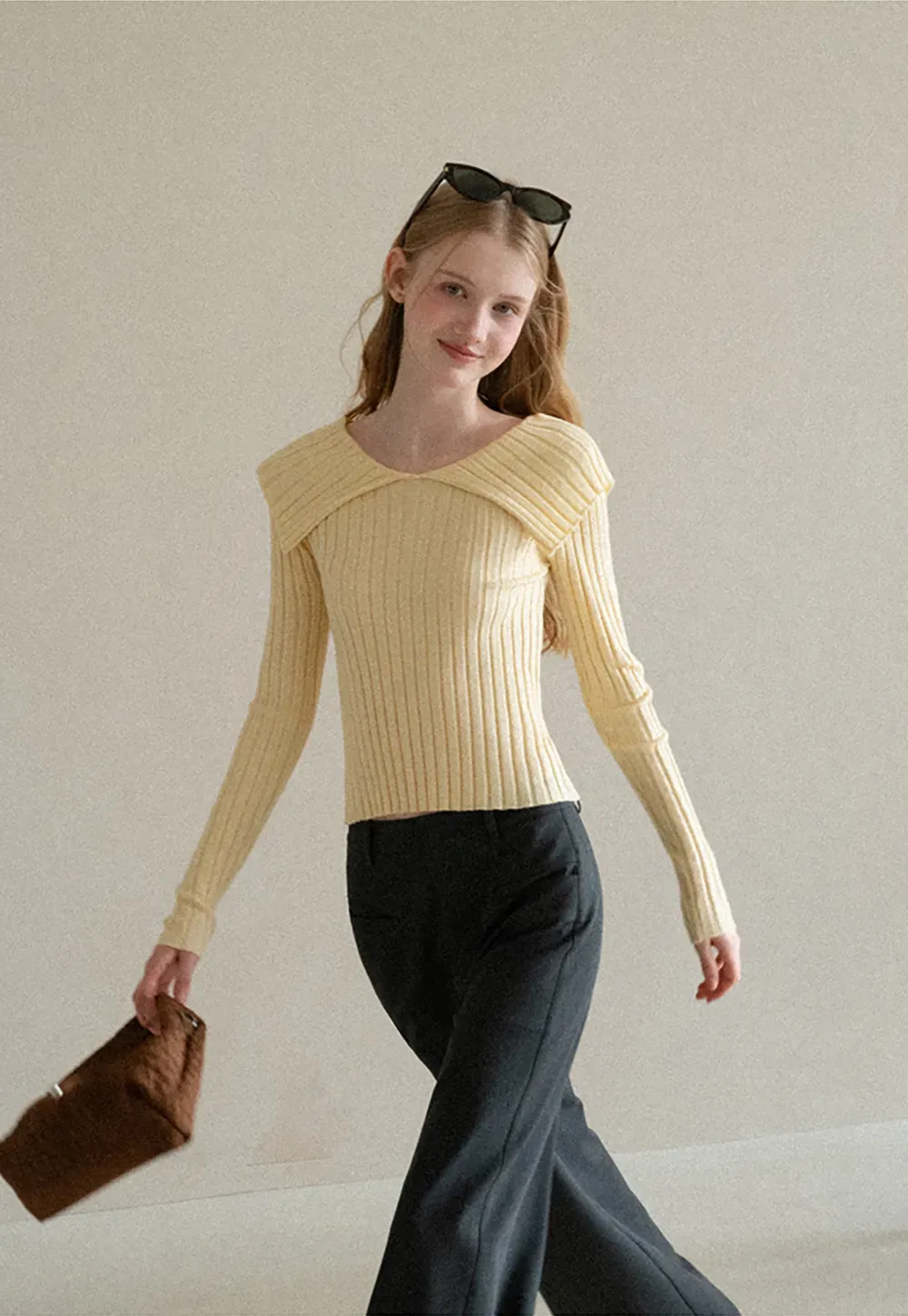 Asymmetrical Collar Ribbed Knit Sweater