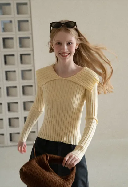 Asymmetrical Collar Ribbed Knit Sweater