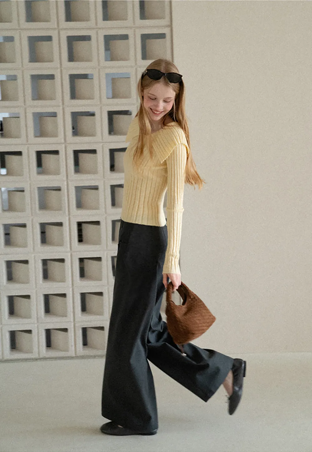 Asymmetrical Collar Ribbed Knit Sweater