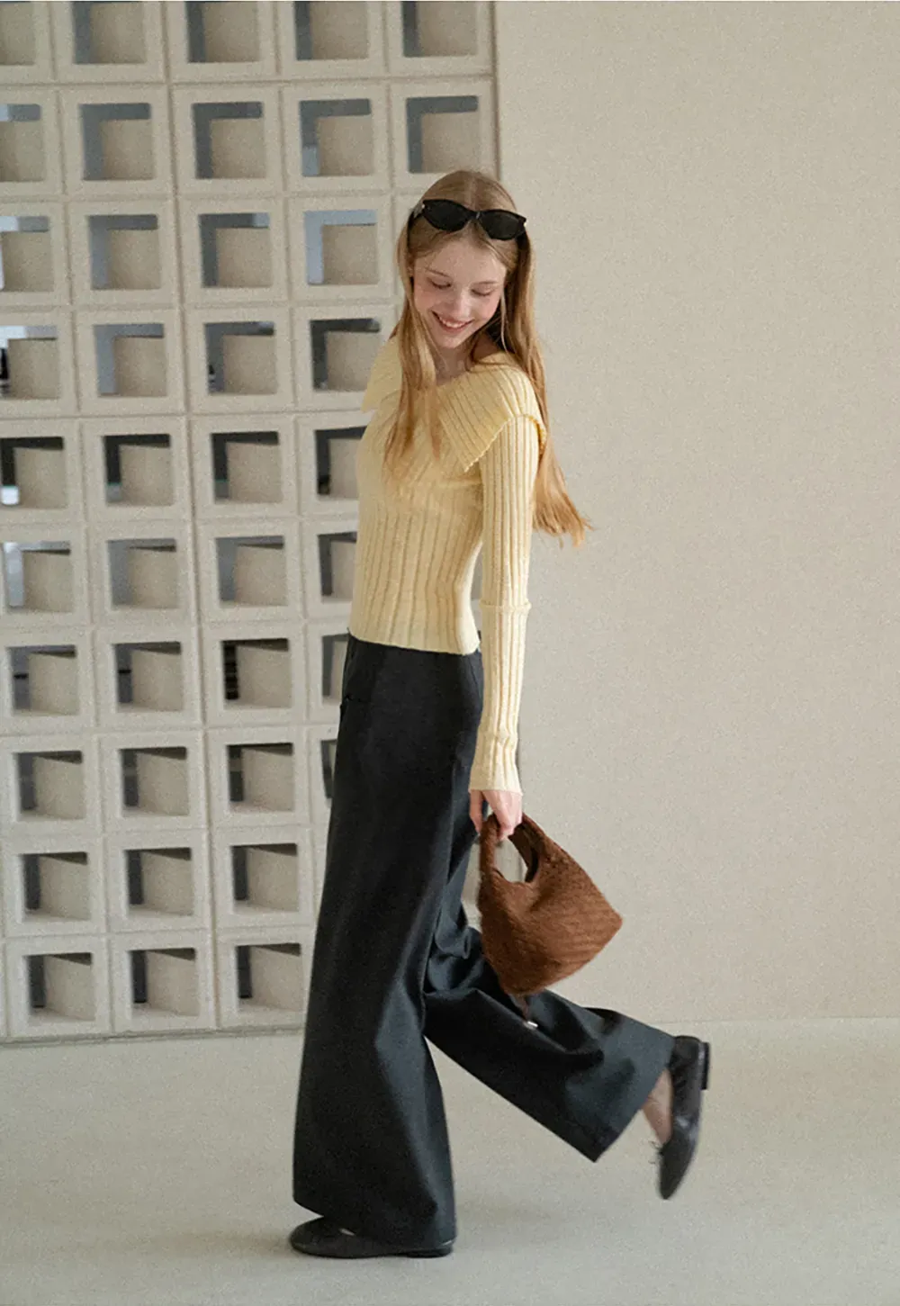Asymmetrical Collar Ribbed Knit Sweater