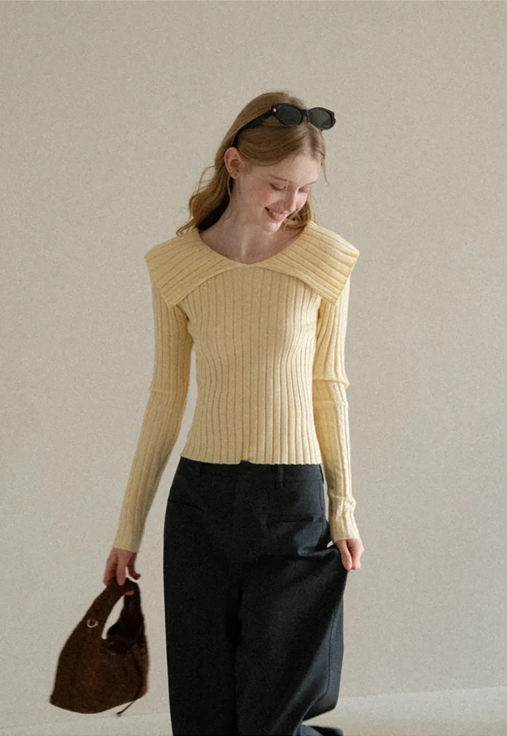 Asymmetrical Collar Ribbed Knit Sweater