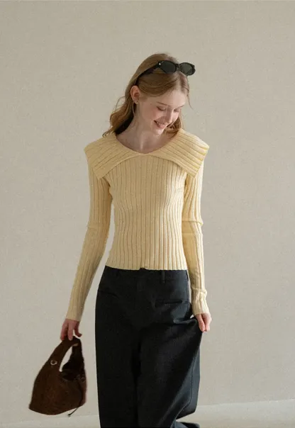 Asymmetrical Collar Ribbed Knit Sweater