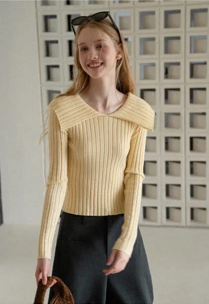 Asymmetrical Collar Ribbed Knit Sweater