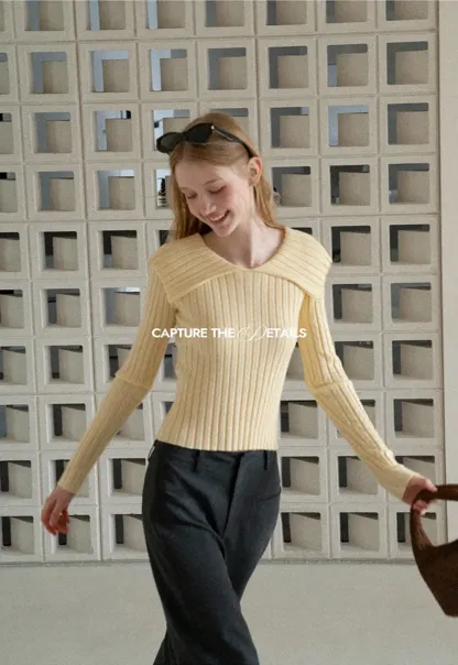 Asymmetrical Collar Ribbed Knit Sweater