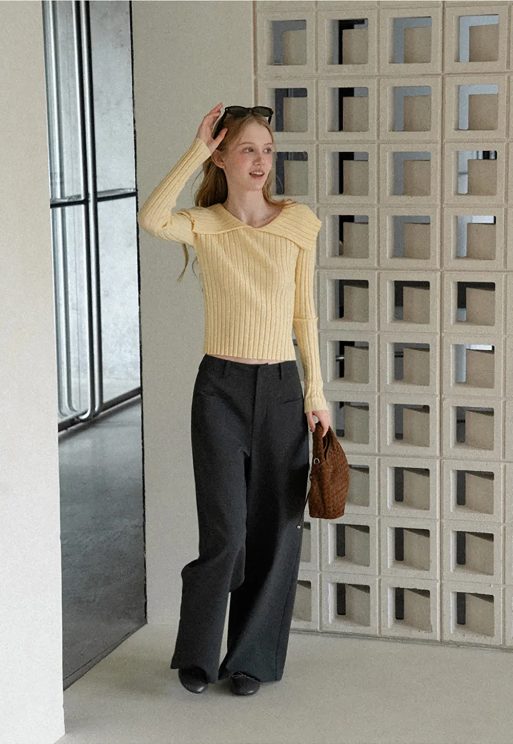 Asymmetrical Collar Ribbed Knit Sweater