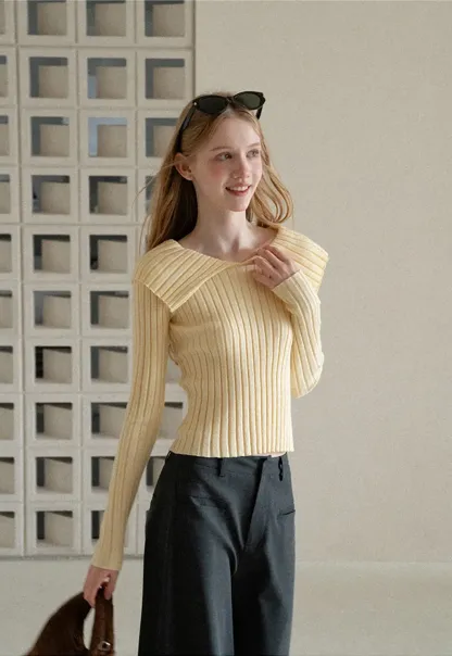Asymmetrical Collar Ribbed Knit Sweater