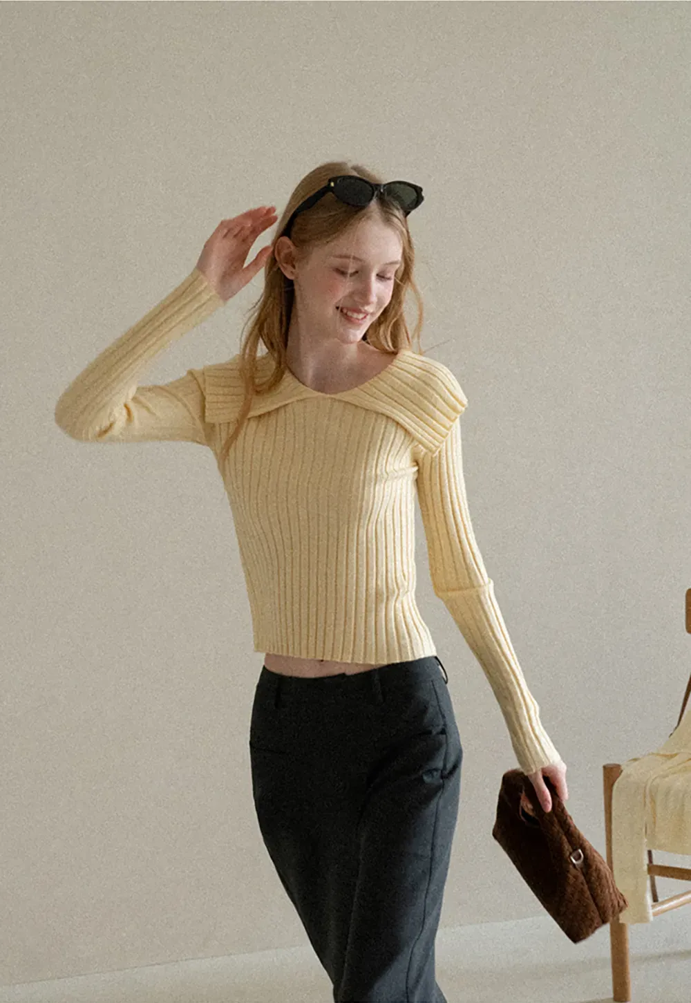 Asymmetrical Collar Ribbed Knit Sweater