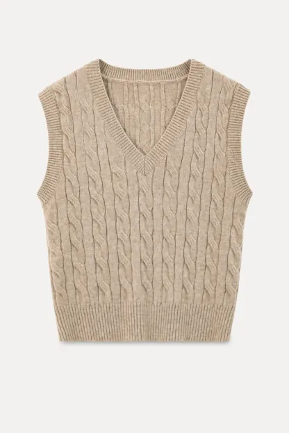 Cable Knit V Neck Sleeveless Sweater
