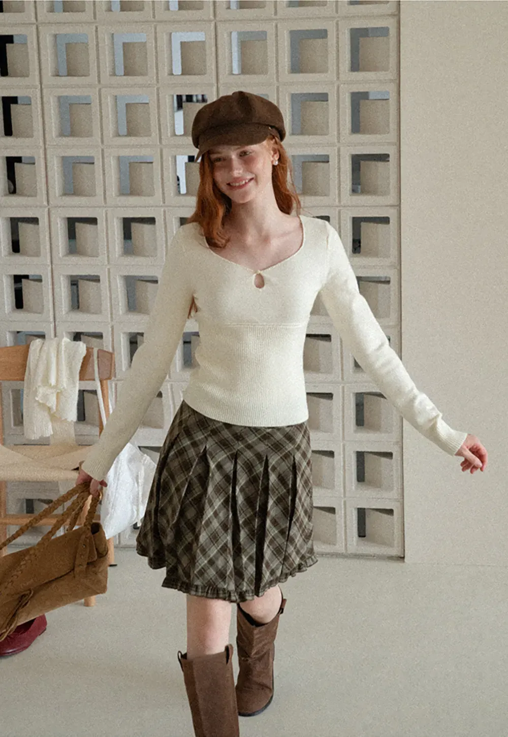 V Neck Ribbed Knit Sweater with Keyhole Detail