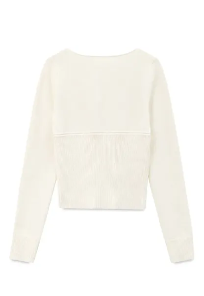 V Neck Ribbed Knit Sweater with Keyhole Detail