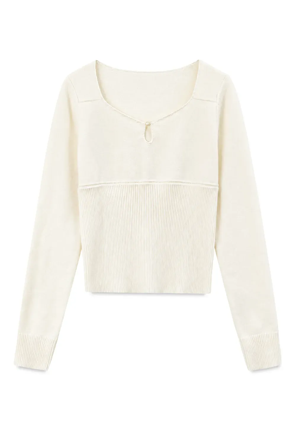 V Neck Ribbed Knit Sweater with Keyhole Detail