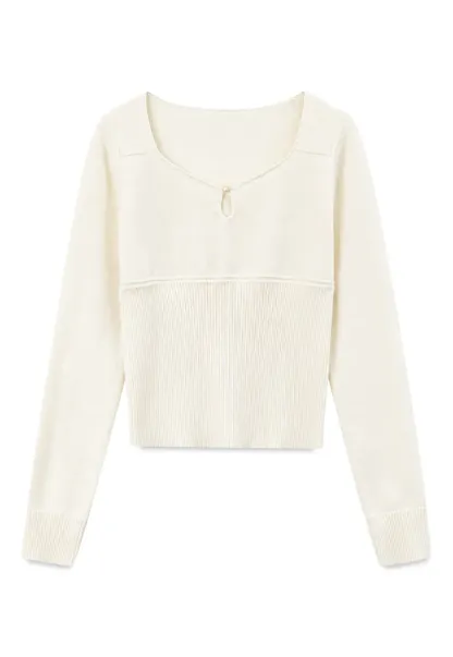V Neck Ribbed Knit Sweater with Keyhole Detail