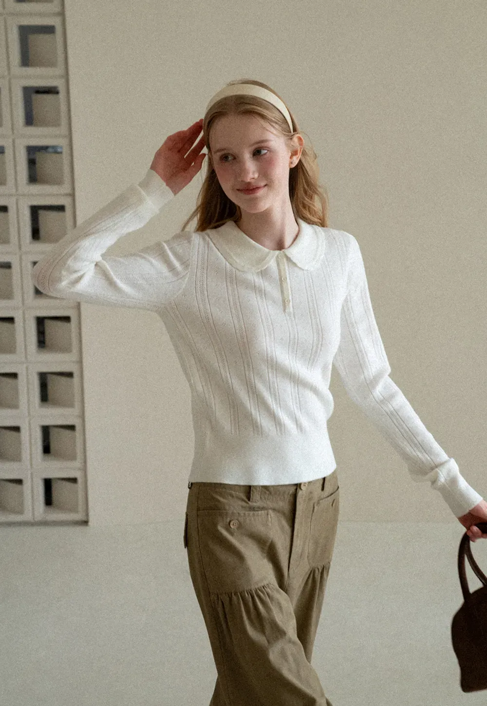 Peter Pan Collar Ribbed Knit Sweater