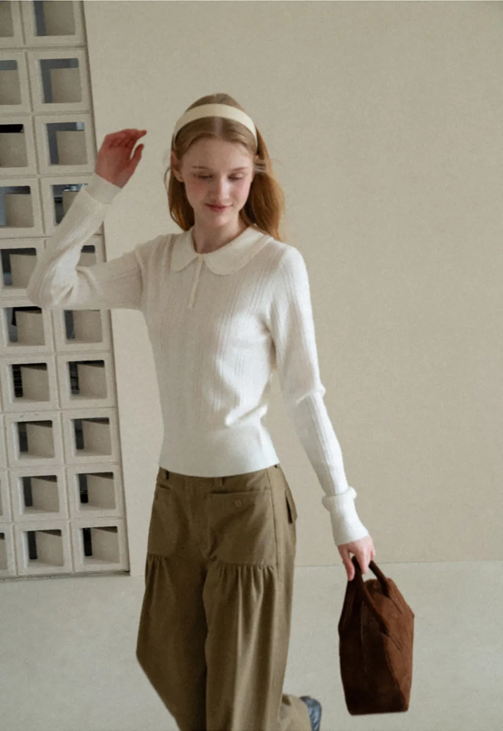 Peter Pan Collar Ribbed Knit Sweater