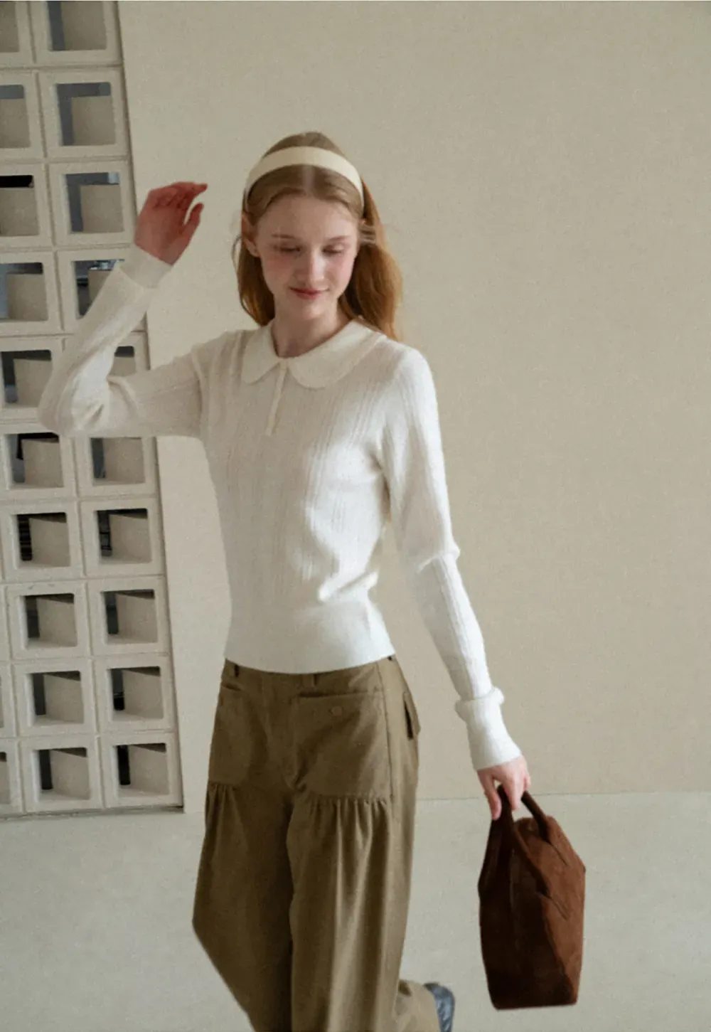 Peter Pan Collar Ribbed Knit Sweater