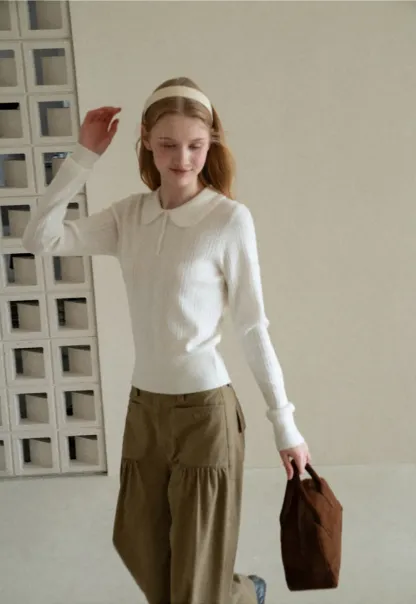 Peter Pan Collar Ribbed Knit Sweater