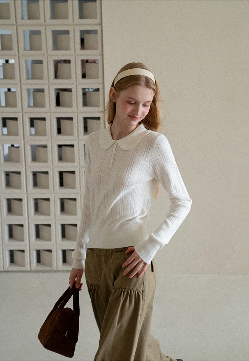 Peter Pan Collar Ribbed Knit Sweater