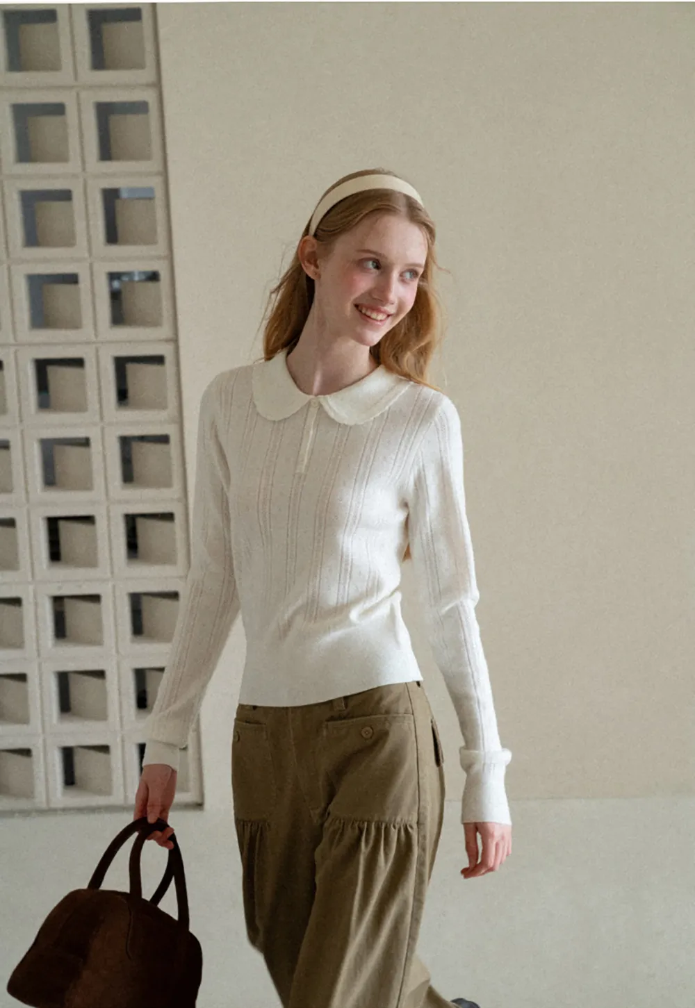 Peter Pan Collar Ribbed Knit Sweater