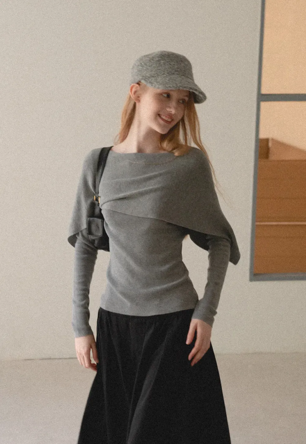 Asymmetrical Draped Shoulder Woolen Knit Sweater
