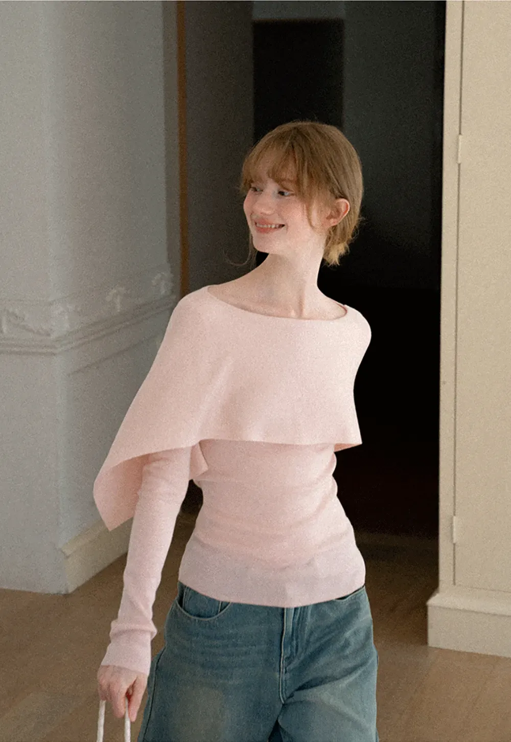 Asymmetrical Draped Shoulder Woolen Knit Sweater