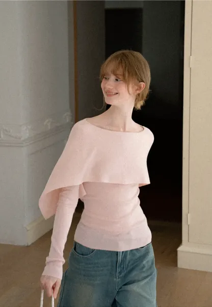 Asymmetrical Draped Shoulder Woolen Knit Sweater