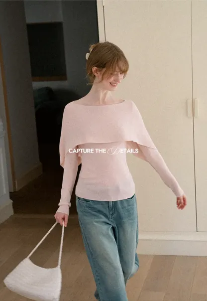 Asymmetrical Draped Shoulder Woolen Knit Sweater