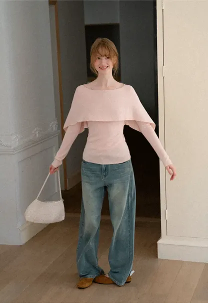 Asymmetrical Draped Shoulder Woolen Knit Sweater