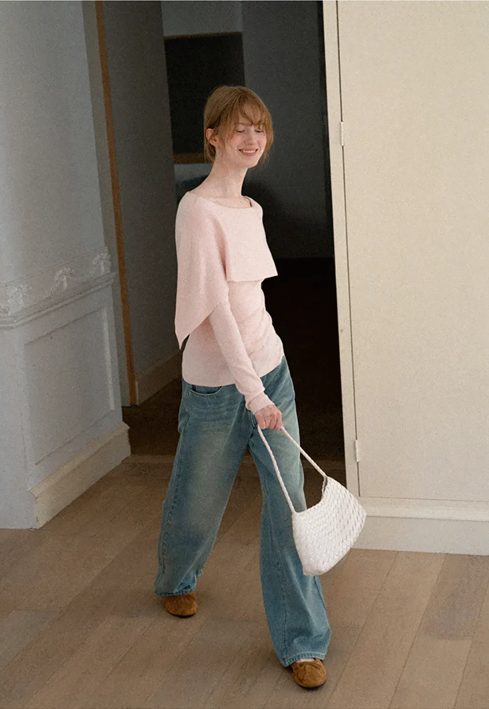 Asymmetrical Draped Shoulder Woolen Knit Sweater