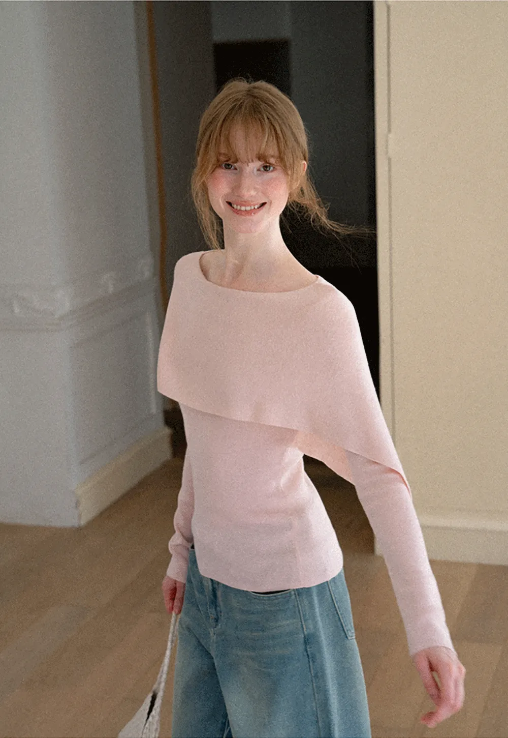 Asymmetrical Draped Shoulder Woolen Knit Sweater