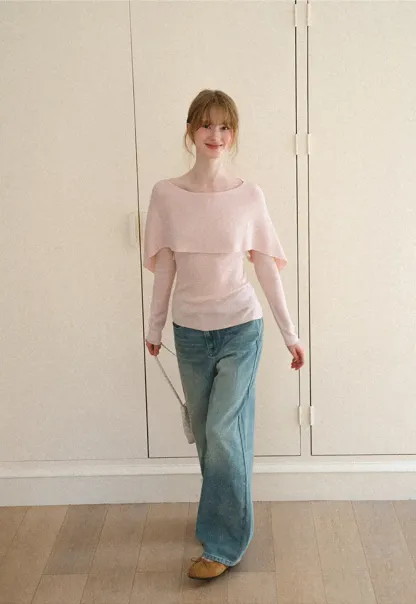 Asymmetrical Draped Shoulder Woolen Knit Sweater