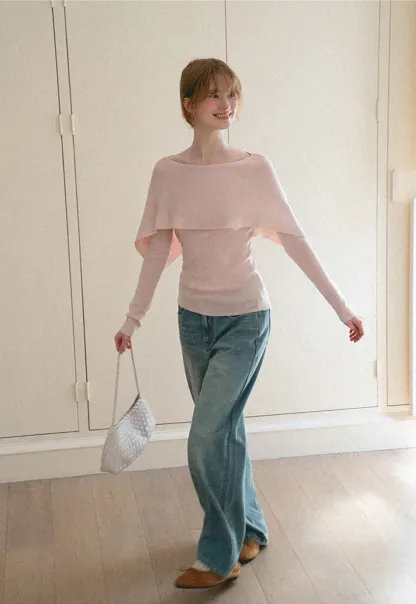 Asymmetrical Draped Shoulder Woolen Knit Sweater