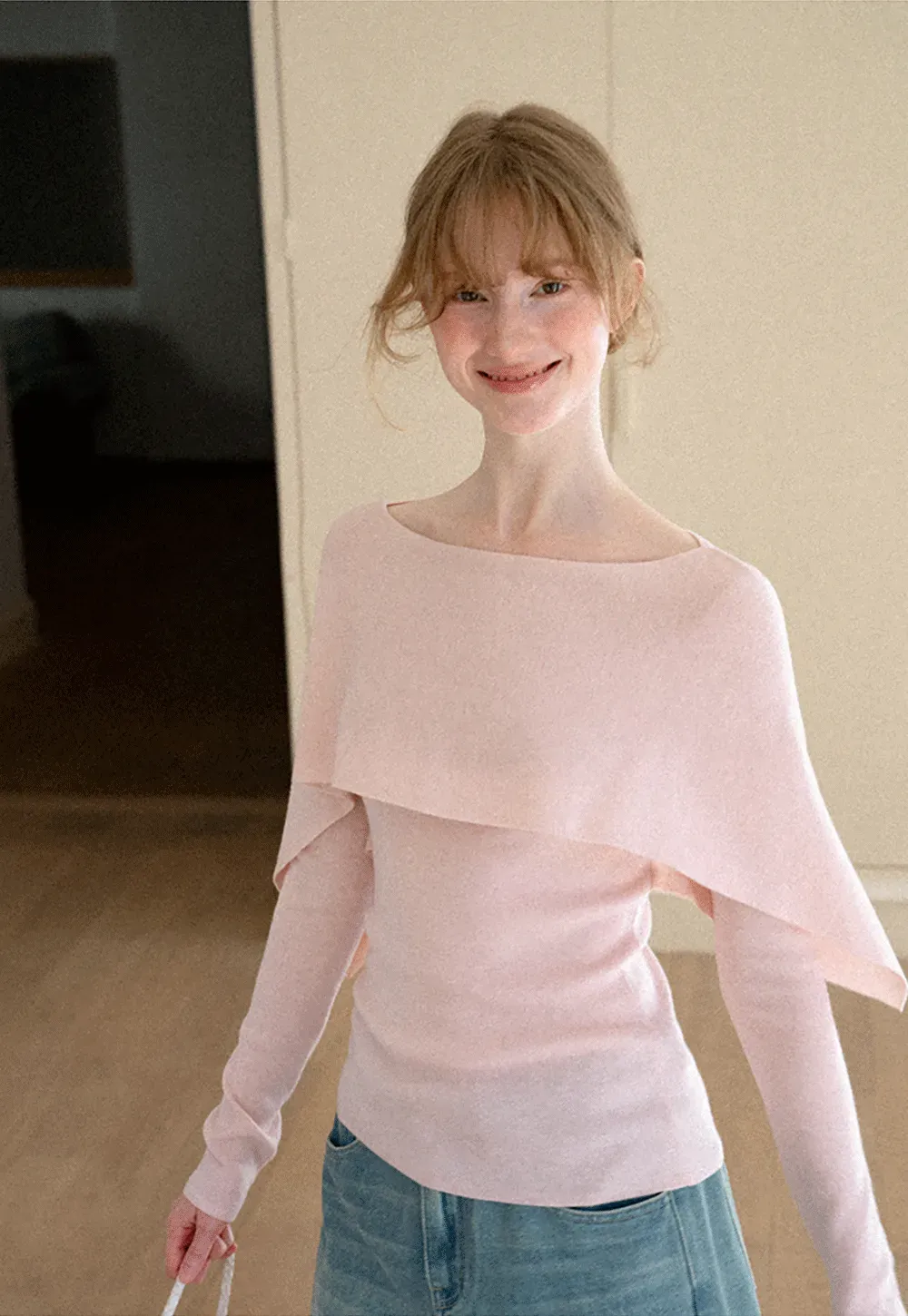 Asymmetrical Draped Shoulder Woolen Knit Sweater