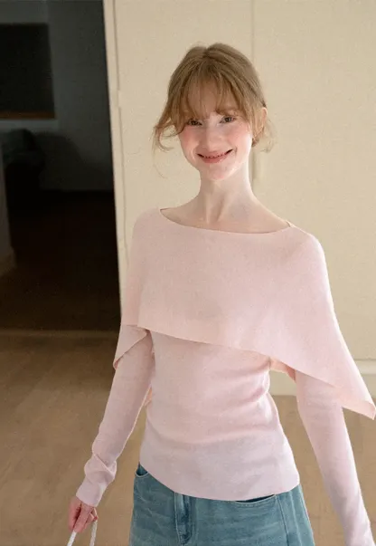 Asymmetrical Draped Shoulder Woolen Knit Sweater