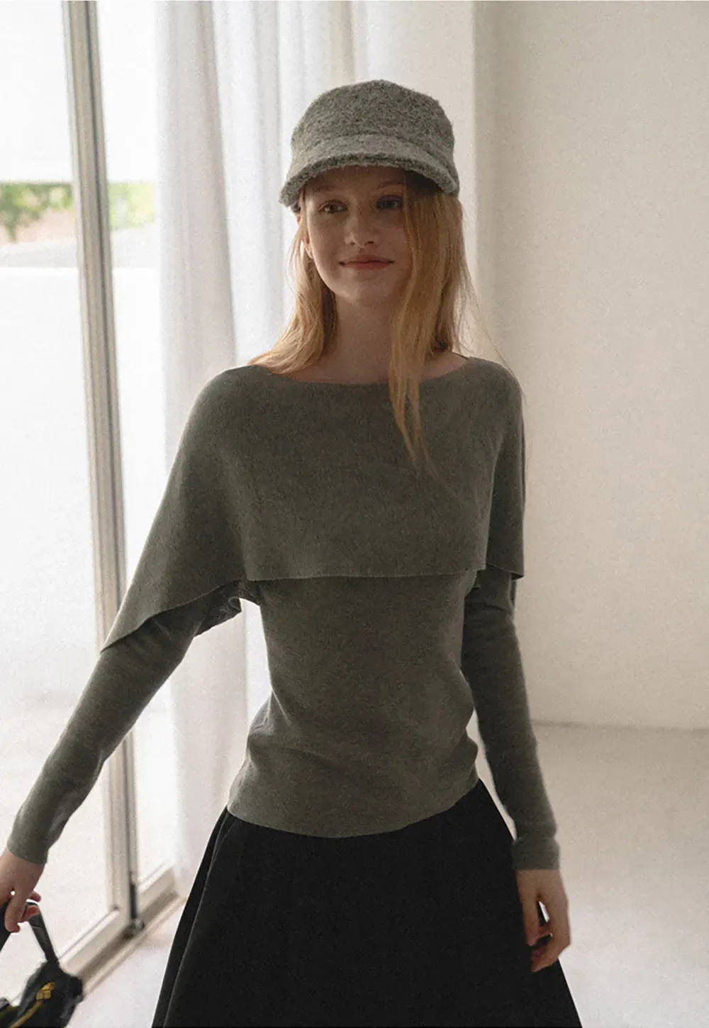 Asymmetrical Draped Shoulder Woolen Knit Sweater