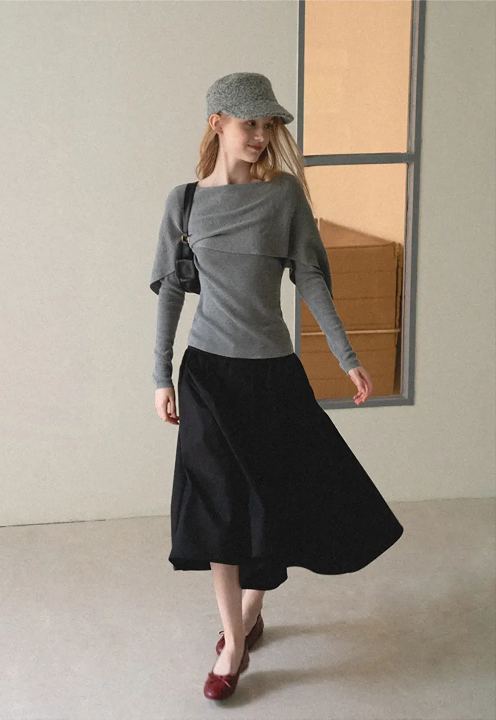 Asymmetrical Draped Shoulder Woolen Knit Sweater