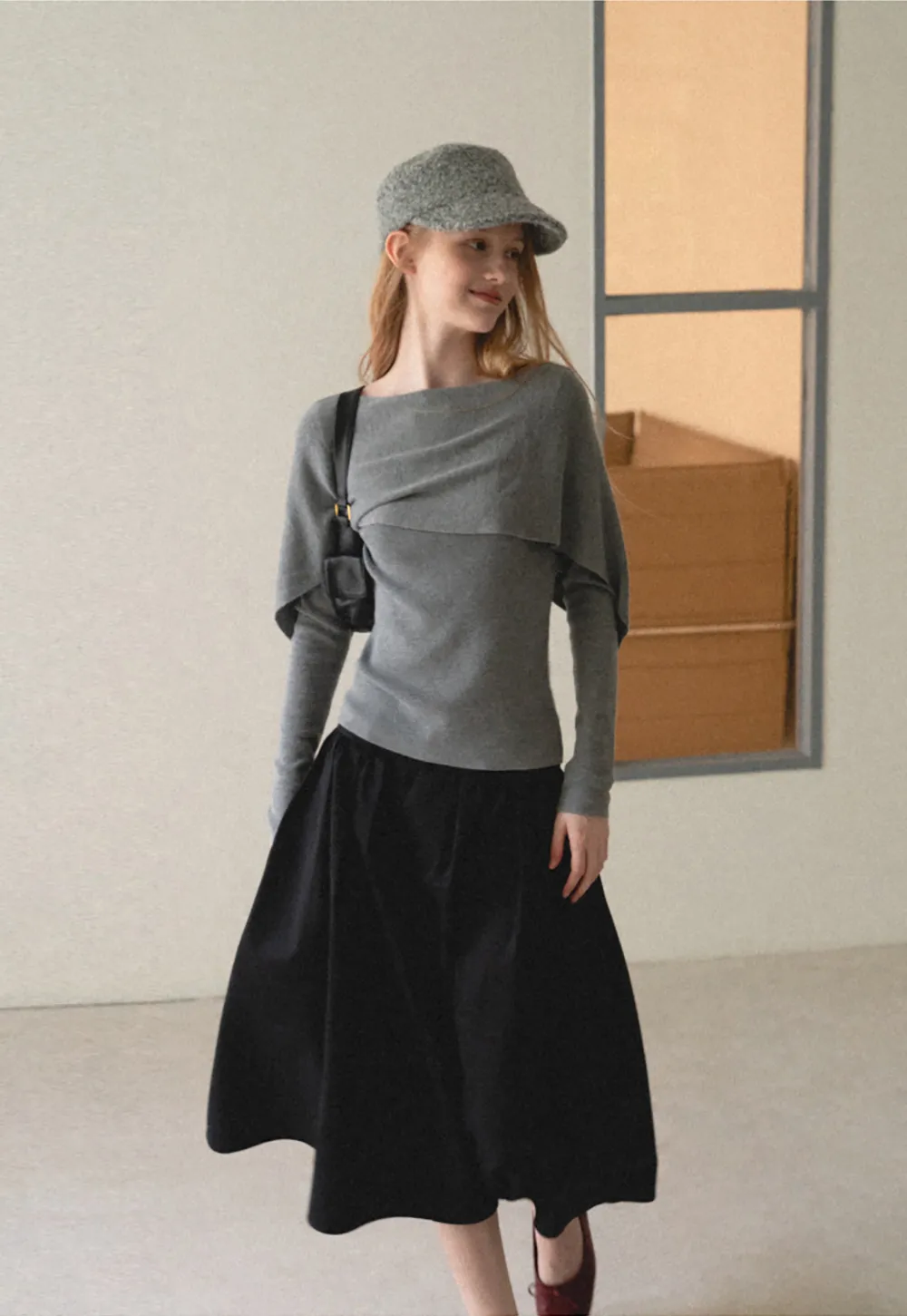 Asymmetrical Draped Shoulder Woolen Knit Sweater