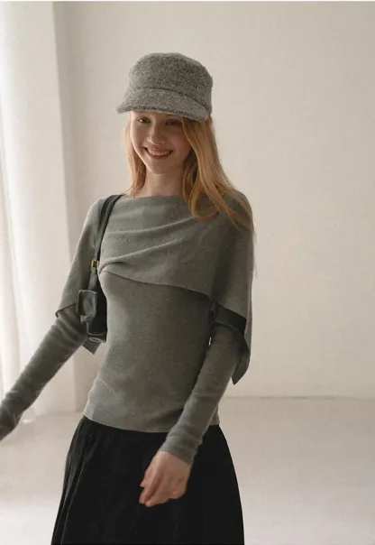 Asymmetrical Draped Shoulder Woolen Knit Sweater