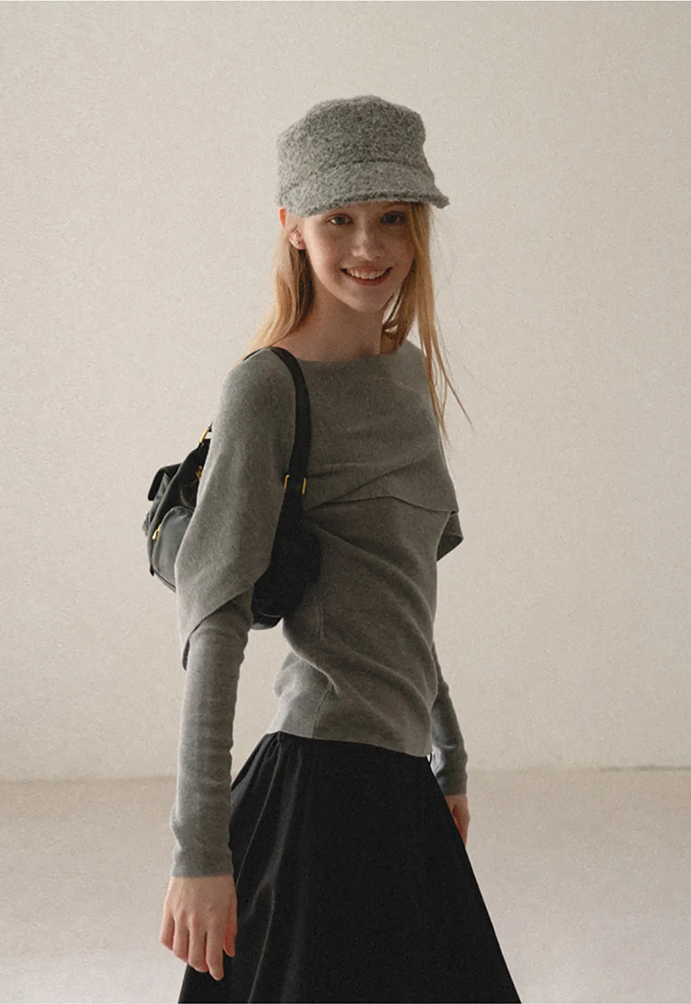 Asymmetrical Draped Shoulder Woolen Knit Sweater