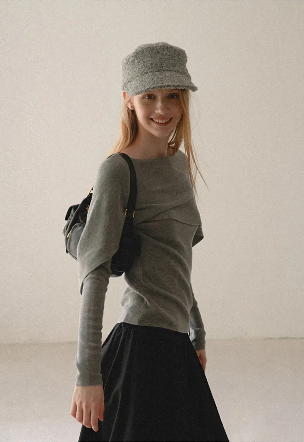 Asymmetrical Draped Shoulder Woolen Knit Sweater