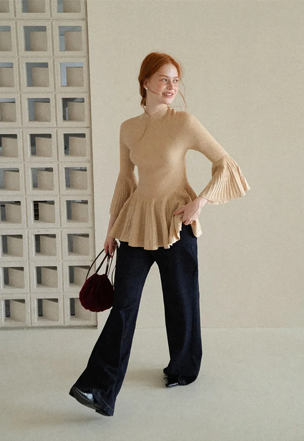 Flared Sleeve Pleated Hem Ribbed Knit Sweater