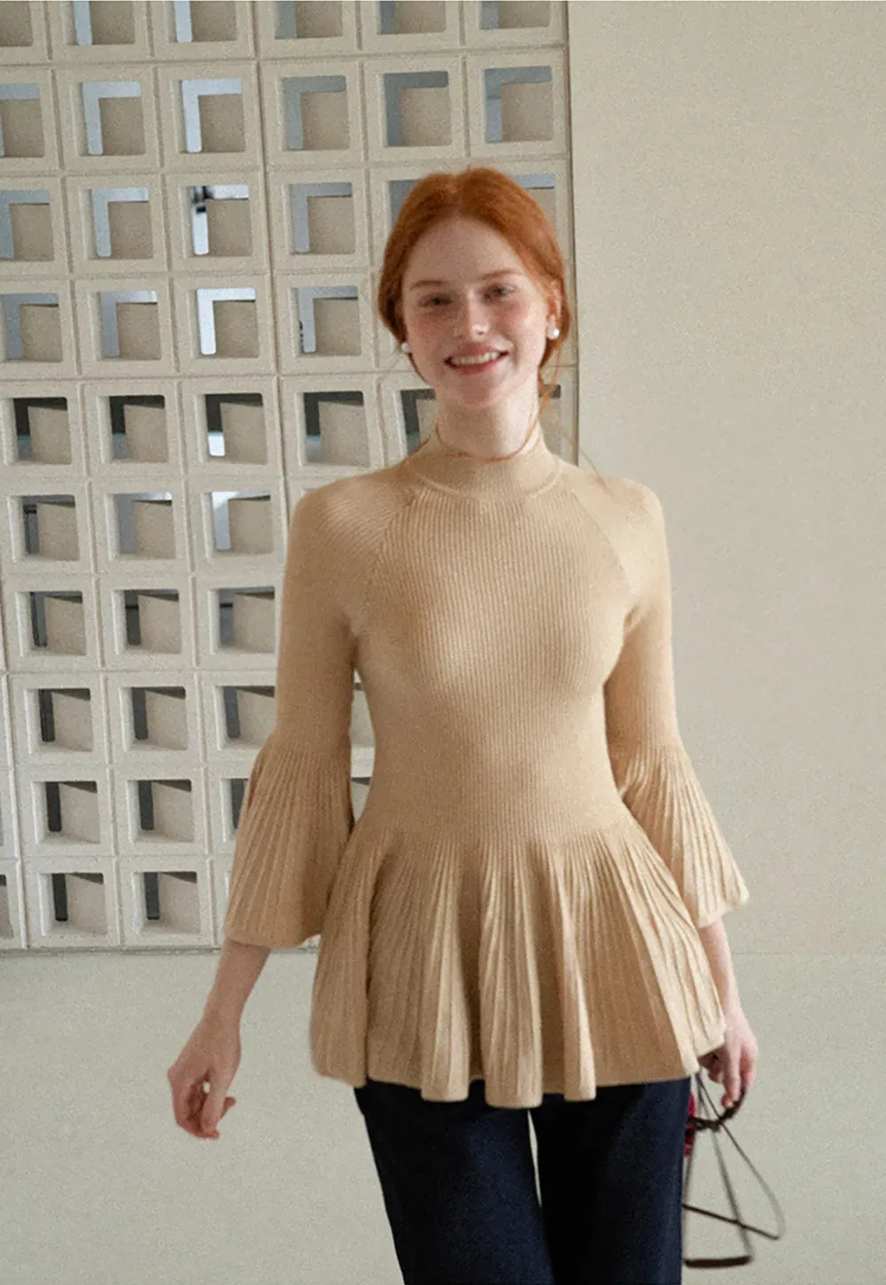 Flared Sleeve Pleated Hem Ribbed Knit Sweater
